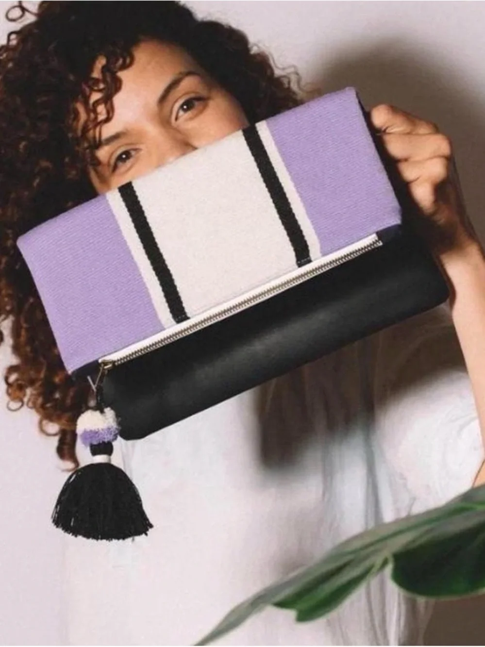 Striped Foldover Clutch with Tassel - Yellow, Purple, Tan